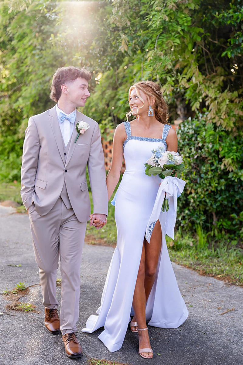 Load image into Gallery viewer, Sparkly White Mermaid Thick Straps Beaded Long Prom Dress with Slit