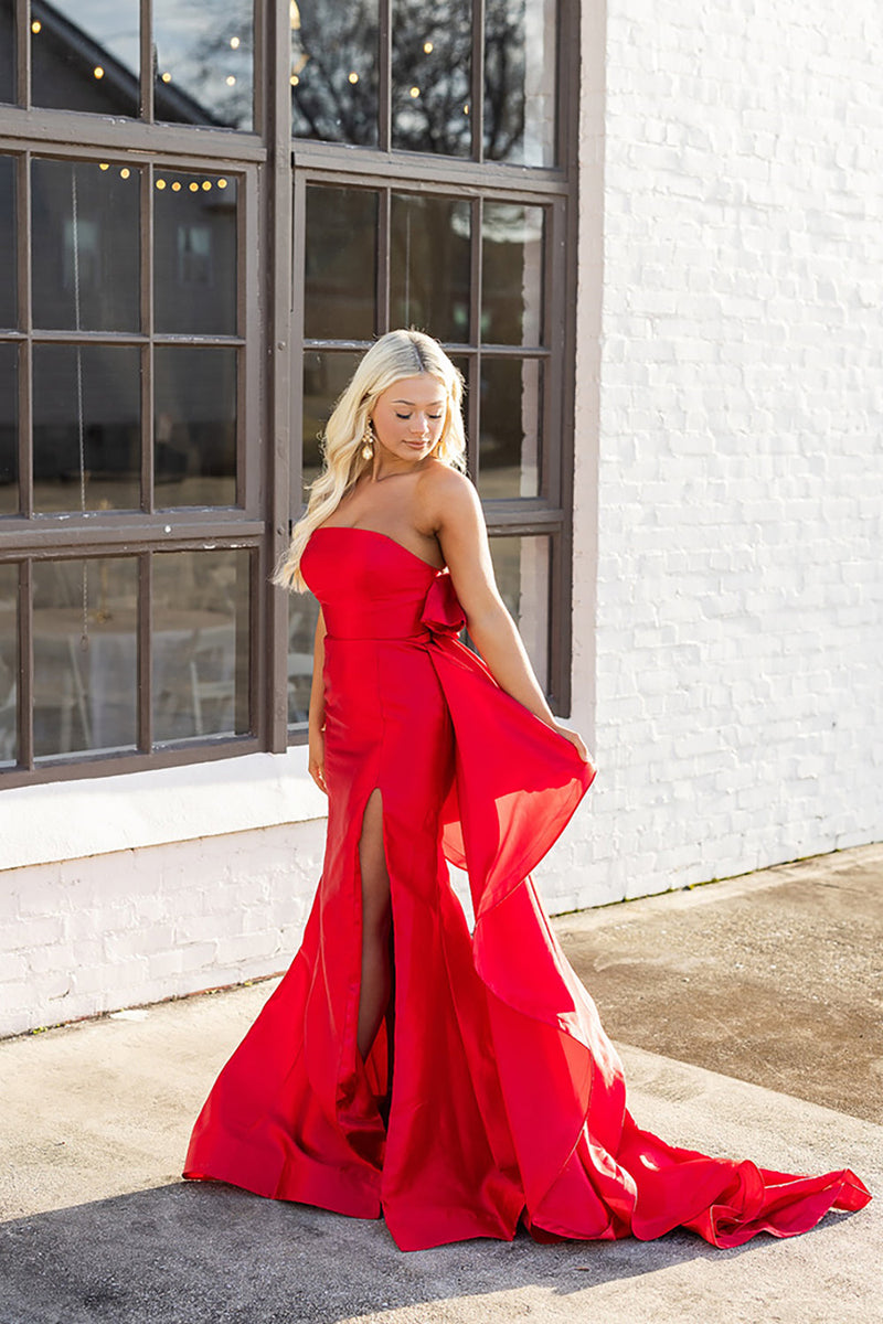 Load image into Gallery viewer, Red Satin Strapless Long Mermaid Prom Dress with Slit