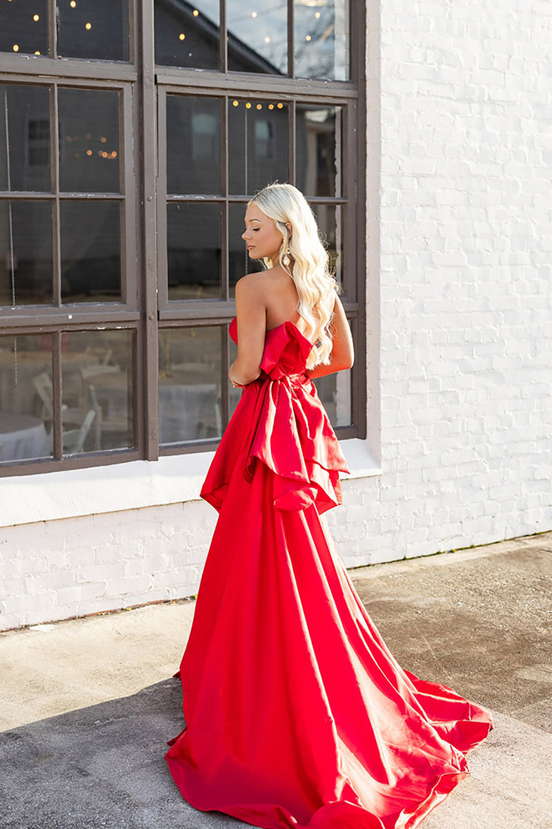 Load image into Gallery viewer, Red Satin Strapless Long Mermaid Prom Dress with Slit
