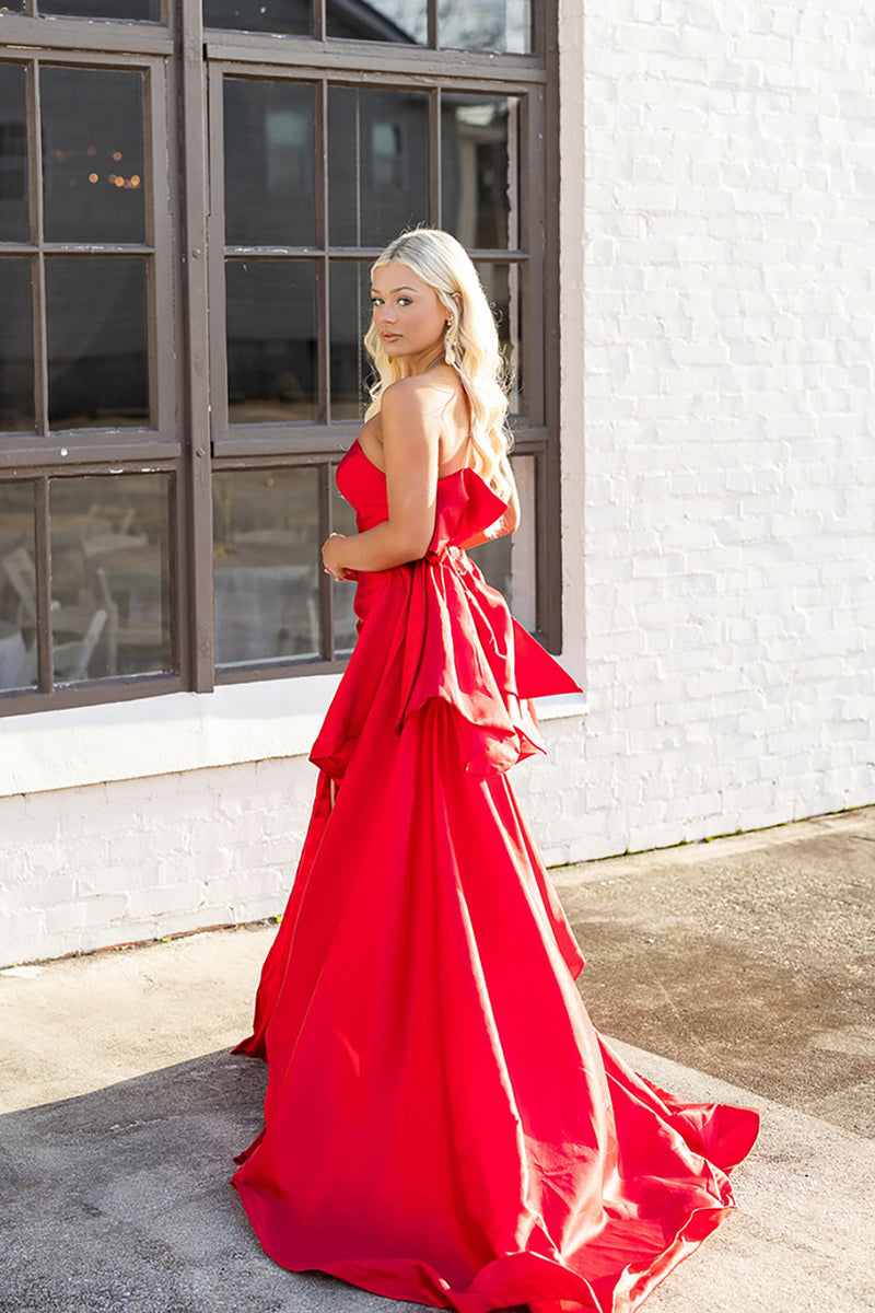Load image into Gallery viewer, Red Satin Strapless Long Mermaid Prom Dress with Slit