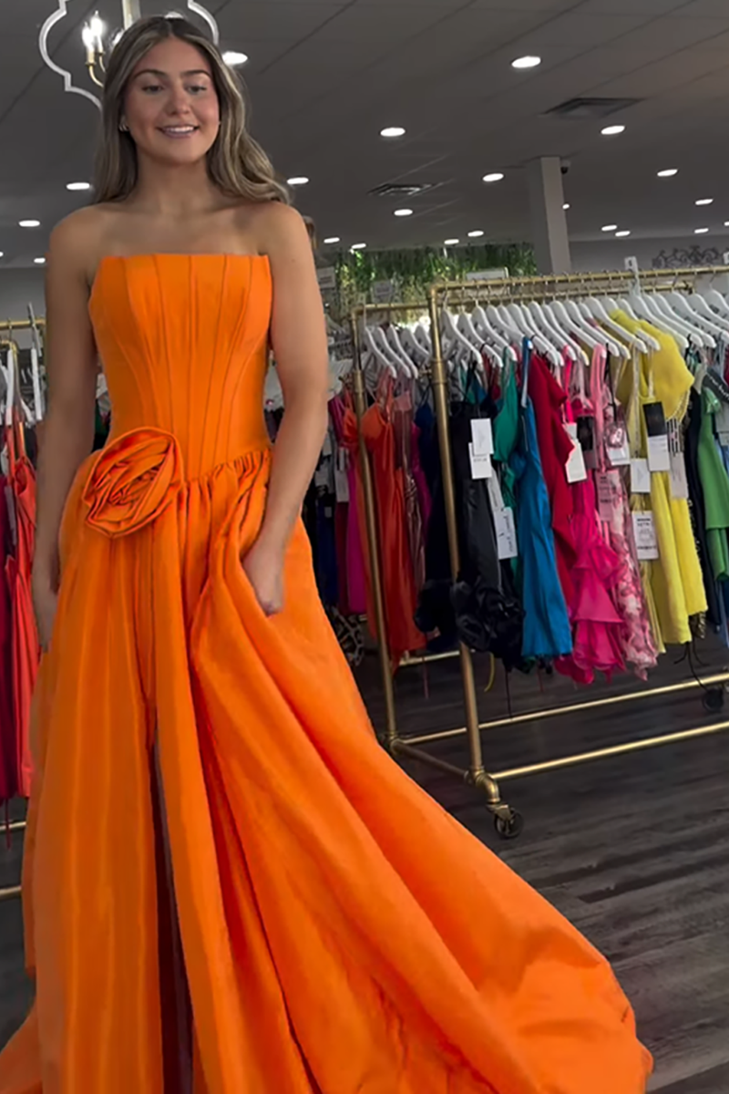 Load image into Gallery viewer, Orange Strapless Long Corset Prom Dress with Slit