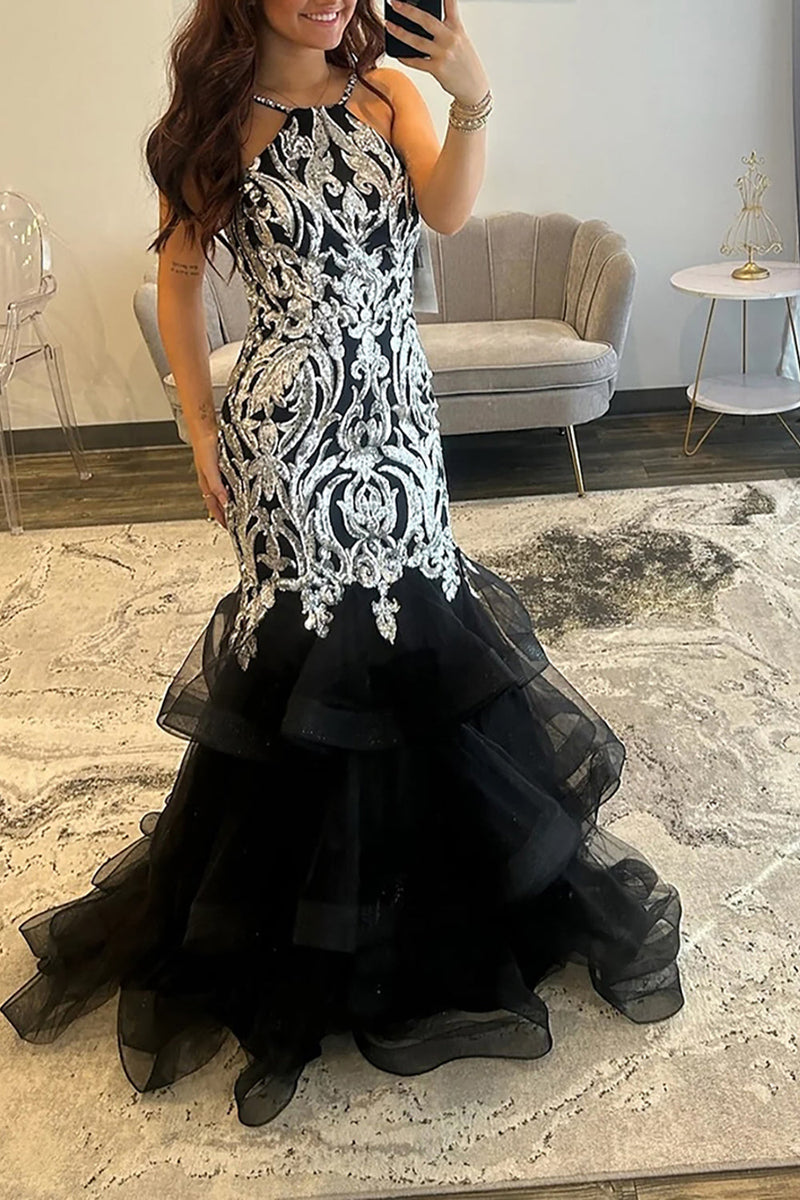 Load image into Gallery viewer, Black Appliqued Ruffled Halter Mermiad Long Prom Dress