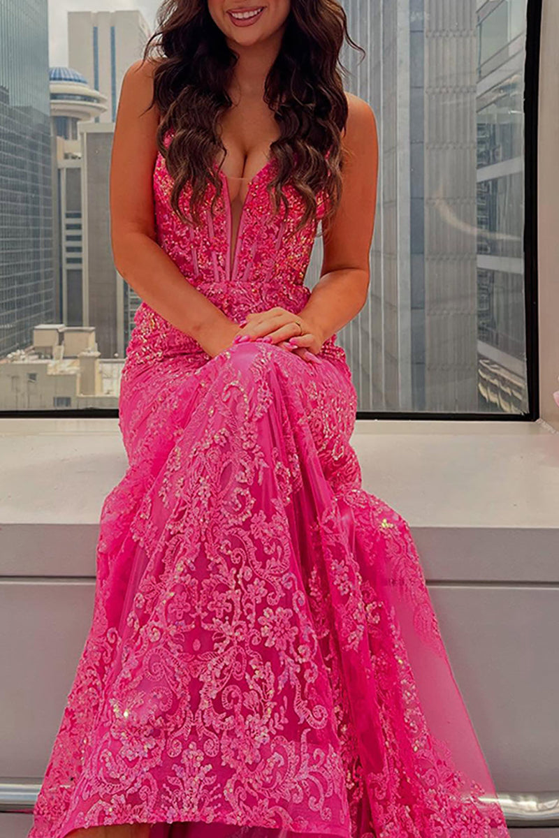 Load image into Gallery viewer, Sparkly Fuchsia Appliqued Mermaid Corset Long Prom Dress