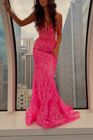 Load image into Gallery viewer, Sparkly Fuchsia Appliqued Mermaid Corset Long Prom Dress