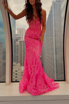 Sparkly Fuchsia Appliqued Mermaid Corset Long Prom Dress