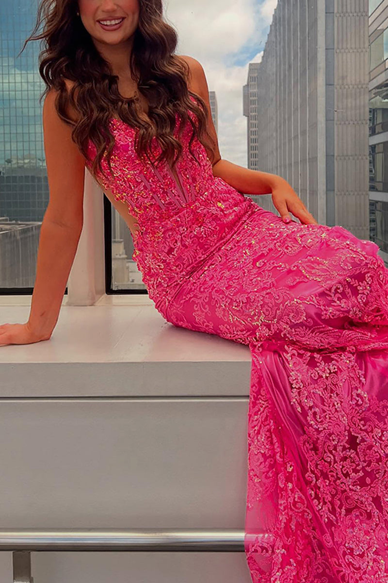 Load image into Gallery viewer, Sparkly Fuchsia Appliqued Mermaid Corset Long Prom Dress