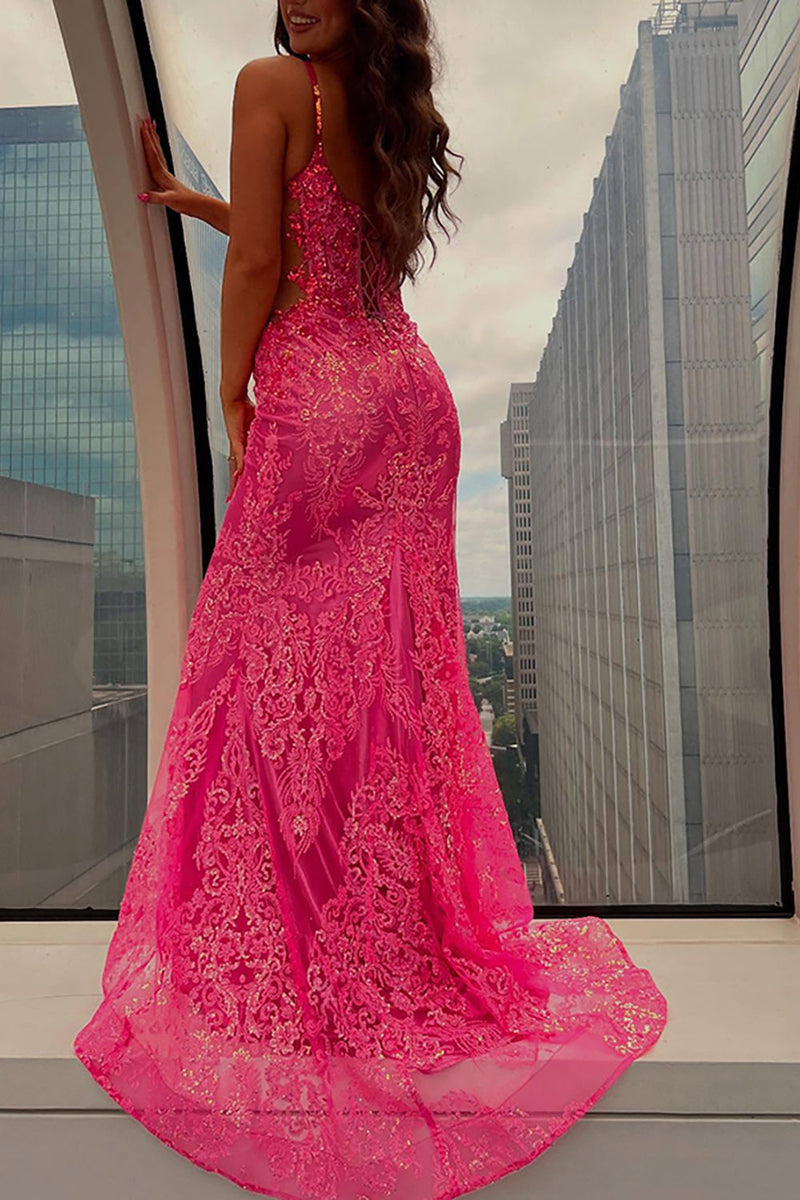 Load image into Gallery viewer, Sparkly Fuchsia Appliqued Mermaid Corset Long Prom Dress