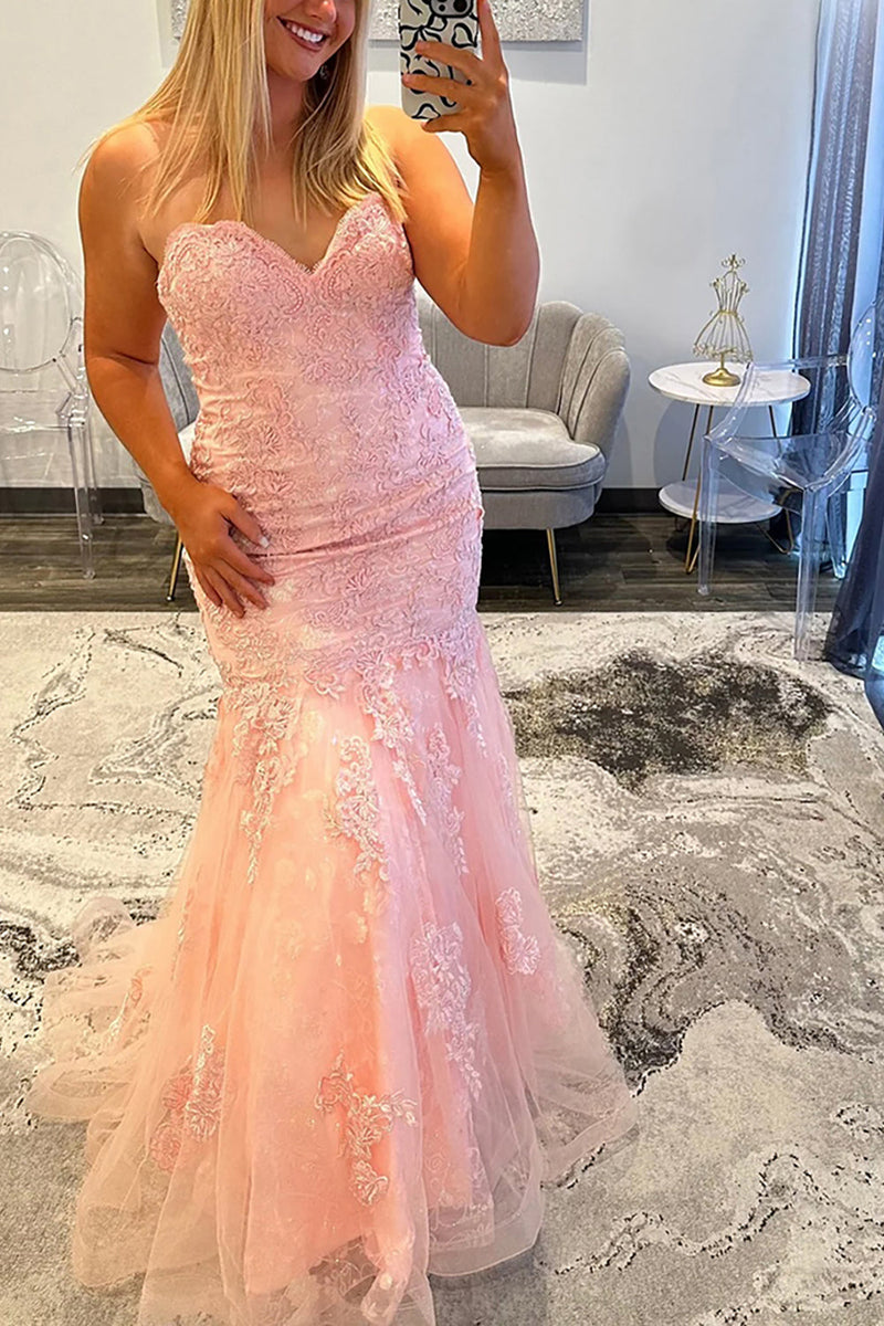 Load image into Gallery viewer, Pink Sweetheart Appliqued Mermaid Long Prom Dress