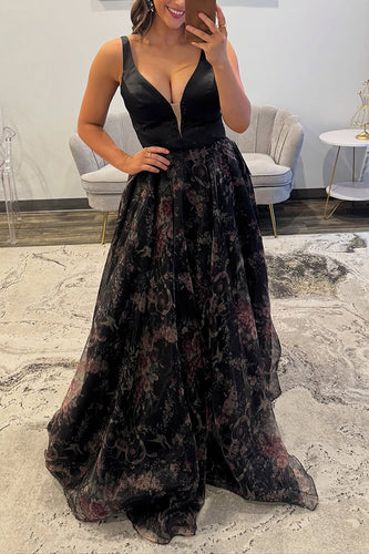Black Floral Thick Straps V Neck Long Prom Dress