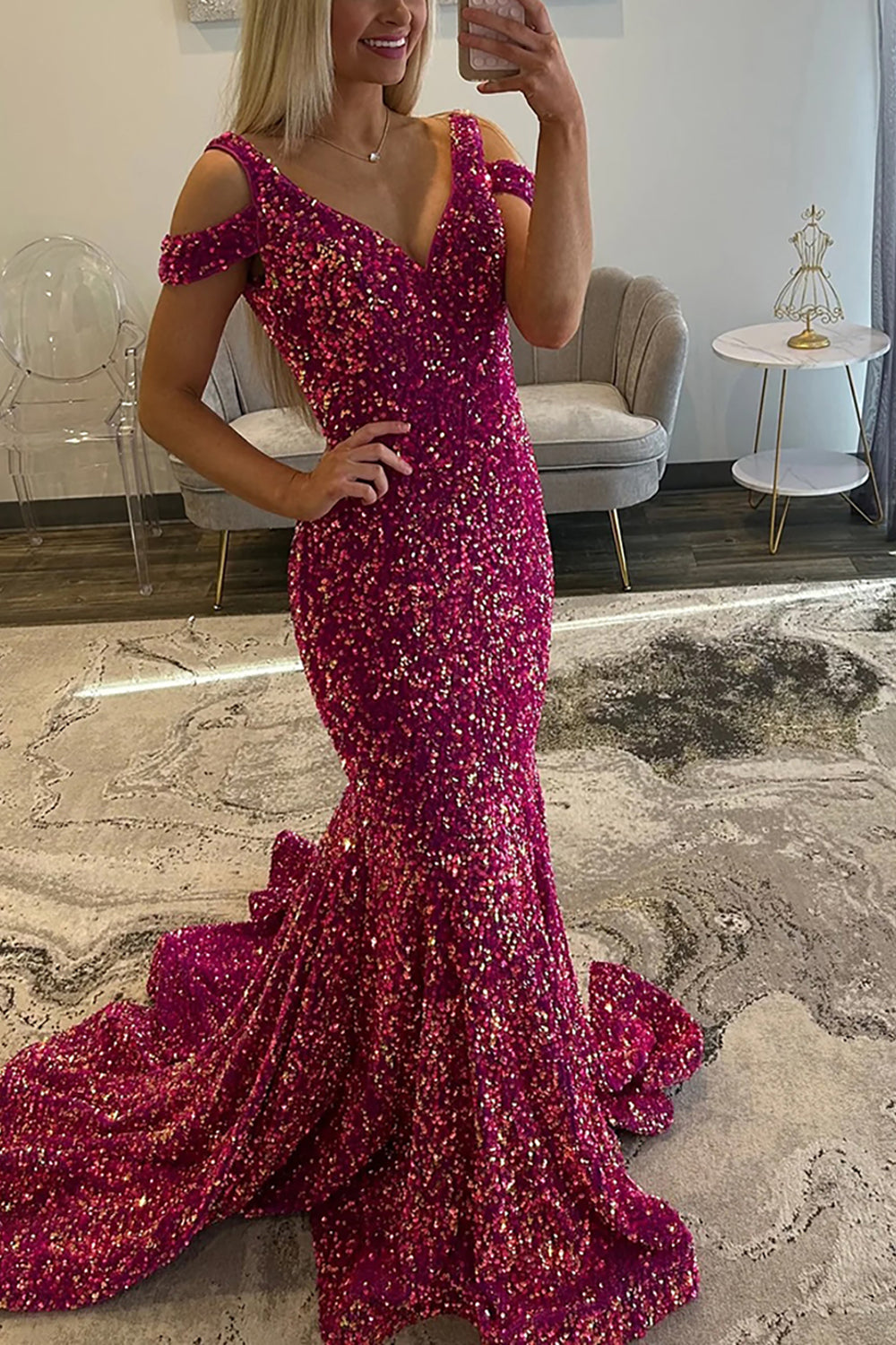 Sparkly Fuchsia Sequin Cold Shoulder Mermaid Long Prom Dress