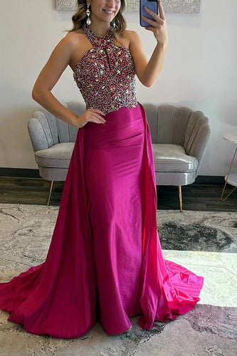 Sparkly Fuchsia Beaded Mermaid Halter Long Prom Dress with Cape