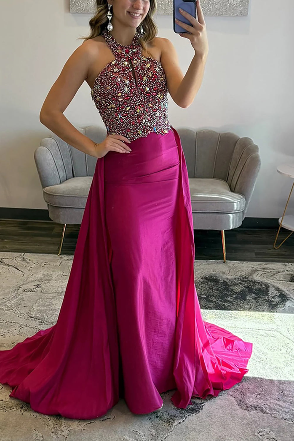 Sparkly Fuchsia Beaded Mermaid Halter Long Prom Dress with Cape
