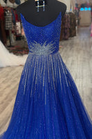 Load image into Gallery viewer, Sparkly Royal Blue Beaded Strapless Princess Long Prom Dress