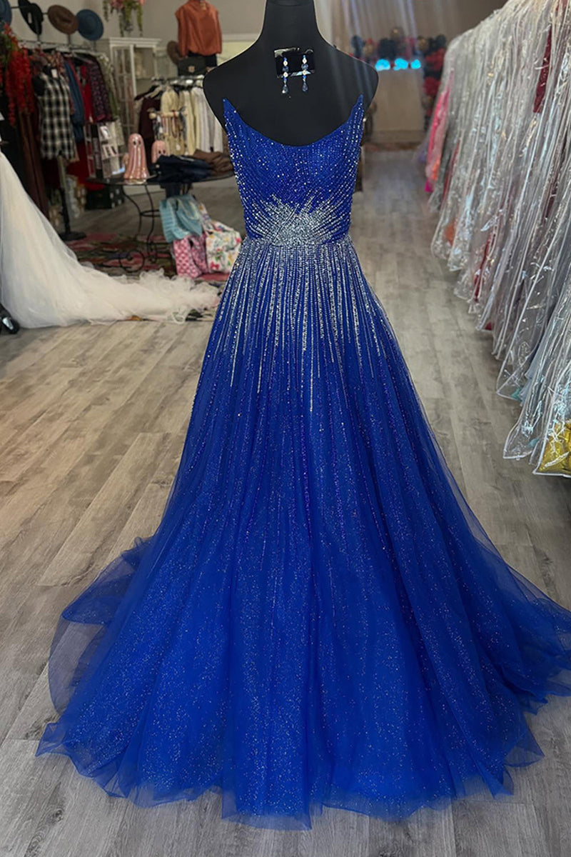 Load image into Gallery viewer, Sparkly Royal Blue Beaded Strapless Princess Long Prom Dress