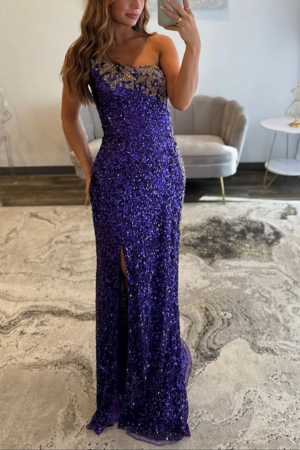 Sparkly Purple Mermaid Sequin long Prom Dress with Slit