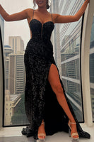 Load image into Gallery viewer, Black Appliqued Spaghetti Straps Mermaid Long Prom Dress with Slit