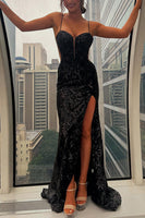 Load image into Gallery viewer, Black Appliqued Spaghetti Straps Mermaid Long Prom Dress with Slit
