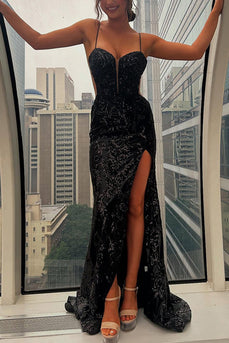 Black Appliqued Spaghetti Straps Mermaid Long Prom Dress with Slit