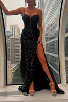 Load image into Gallery viewer, Black Appliqued Spaghetti Straps Mermaid Long Prom Dress with Slit