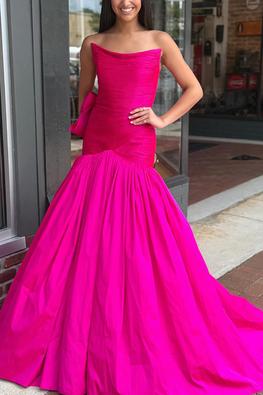 Fuchsia Strapless Ruched Mermaid Long Prom Dress with Bow