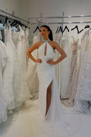Load image into Gallery viewer, Sparkly White Mermaid Halter Long Prom Dress with Keyhole