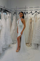 Load image into Gallery viewer, Sparkly White Mermaid Halter Long Prom Dress with Keyhole