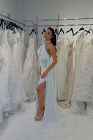 Load image into Gallery viewer, Sparkly White Mermaid Halter Long Prom Dress with Keyhole
