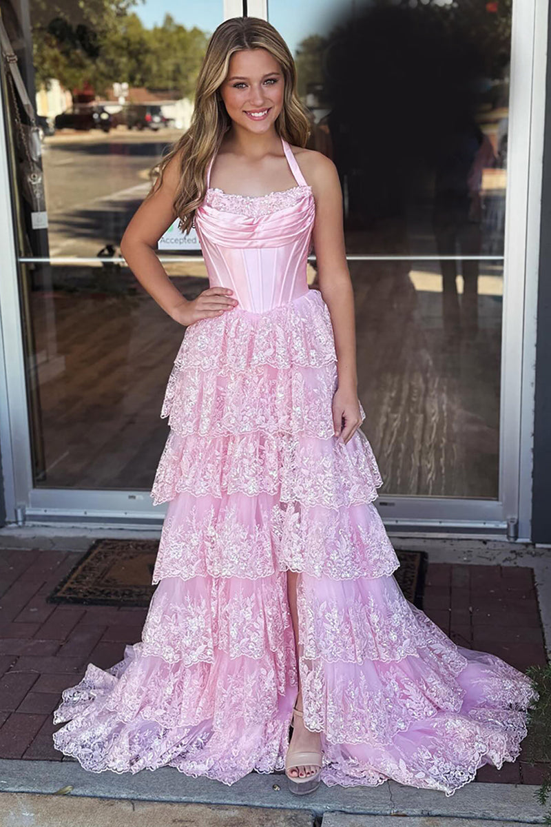 Load image into Gallery viewer, Pink Halter Ruffled Corset Long Prom Dress with Slit