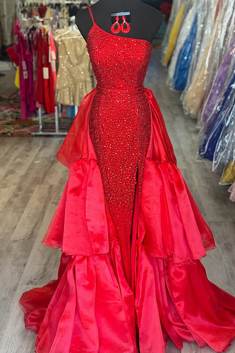 Load image into Gallery viewer, Sparkly Red Sequin Mermaid Long Prom Dress with Cape