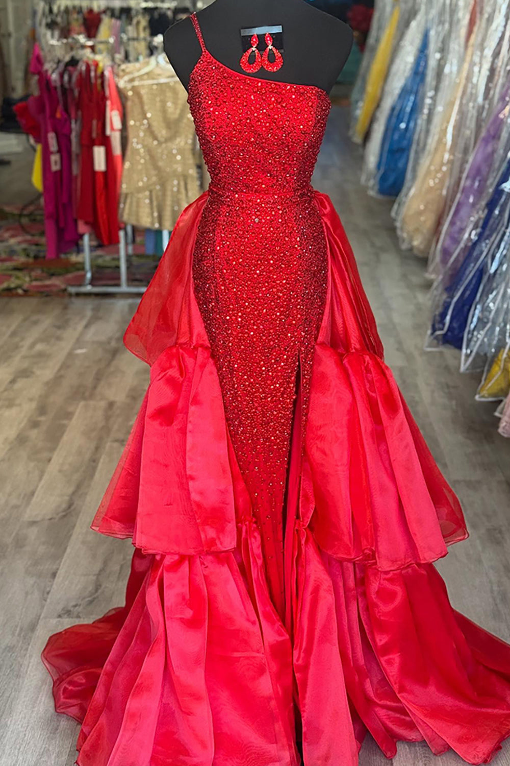 Sparkly Red Sequin Mermaid Long Prom Dress with Cape