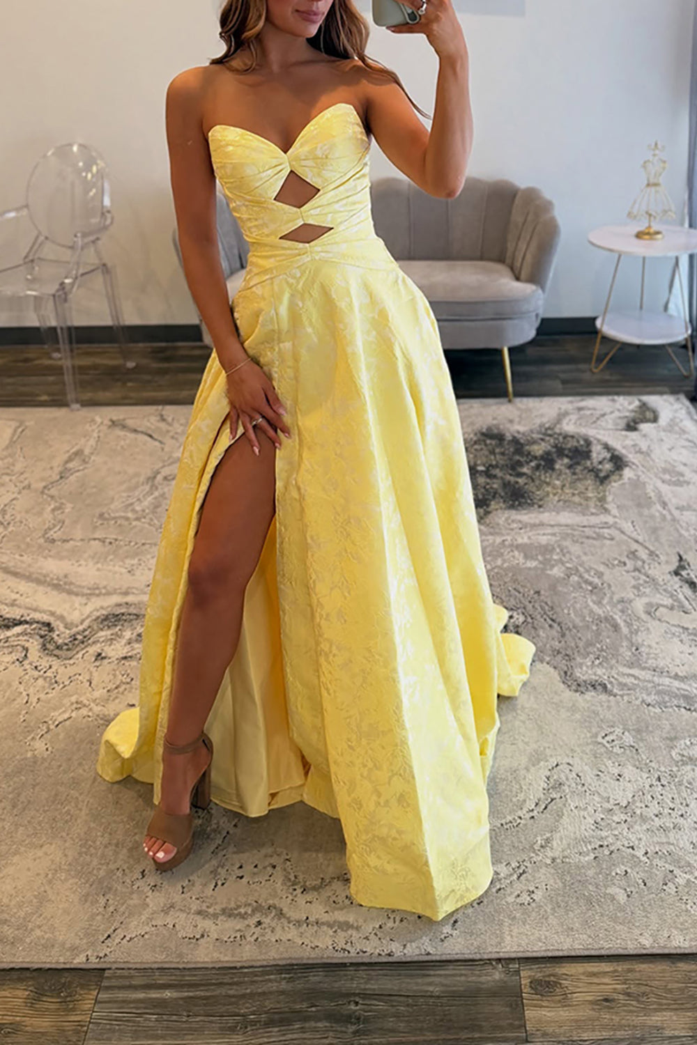 Yellow Sweetheart A Line Long Prom Dress with Jacquard