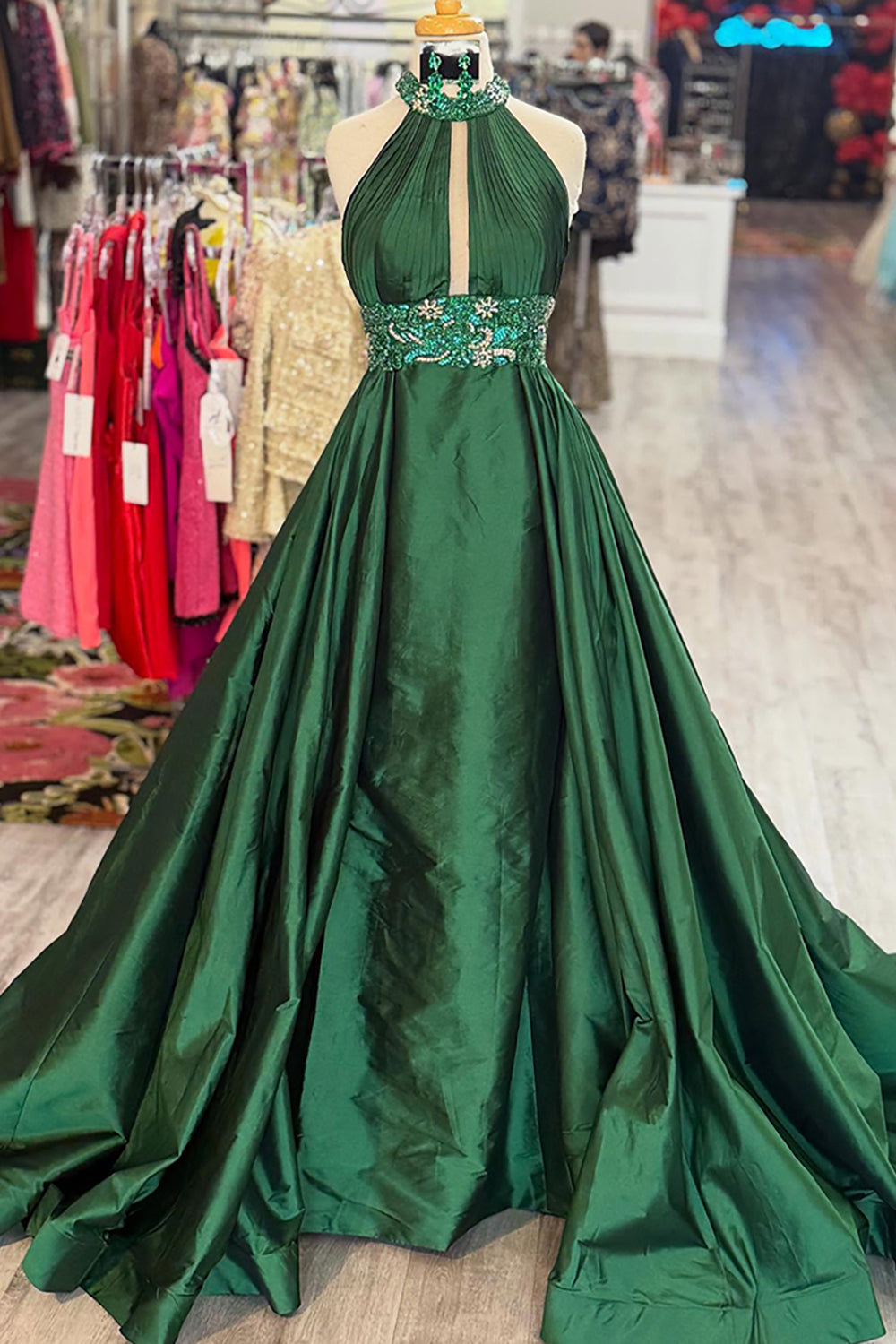 Sparkly Green Halter Long Prom Dress with Beading