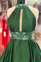 Load image into Gallery viewer, Sparkly Green Halter Long Prom Dress with Beading