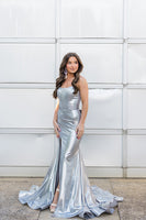 Load image into Gallery viewer, Silver Satin Mermaid Strapless Long Corset Prom Dress with Slit