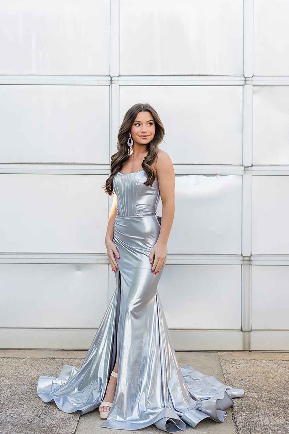 Silver Satin Mermaid Strapless Long Corset Prom Dress with Slit