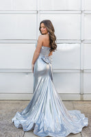 Load image into Gallery viewer, Silver Satin Mermaid Strapless Long Corset Prom Dress with Slit
