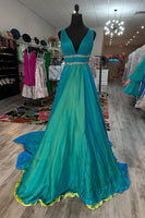 Load image into Gallery viewer, Sparkly Peacock Green Beaded V Neck Long Prom Dress