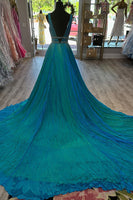 Load image into Gallery viewer, Sparkly Peacock Green Beaded V Neck Long Prom Dress