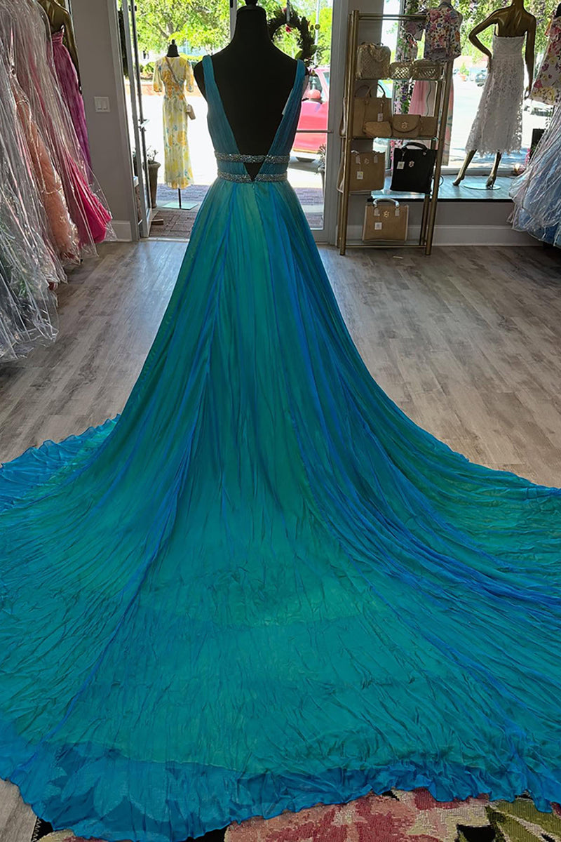 Load image into Gallery viewer, Sparkly Peacock Green Beaded V Neck Long Prom Dress