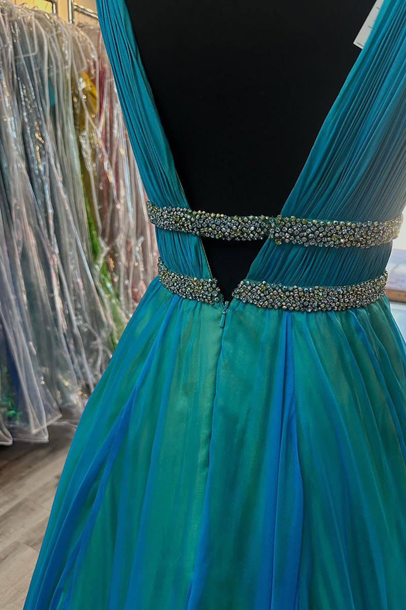 Load image into Gallery viewer, Sparkly Peacock Green Beaded V Neck Long Prom Dress