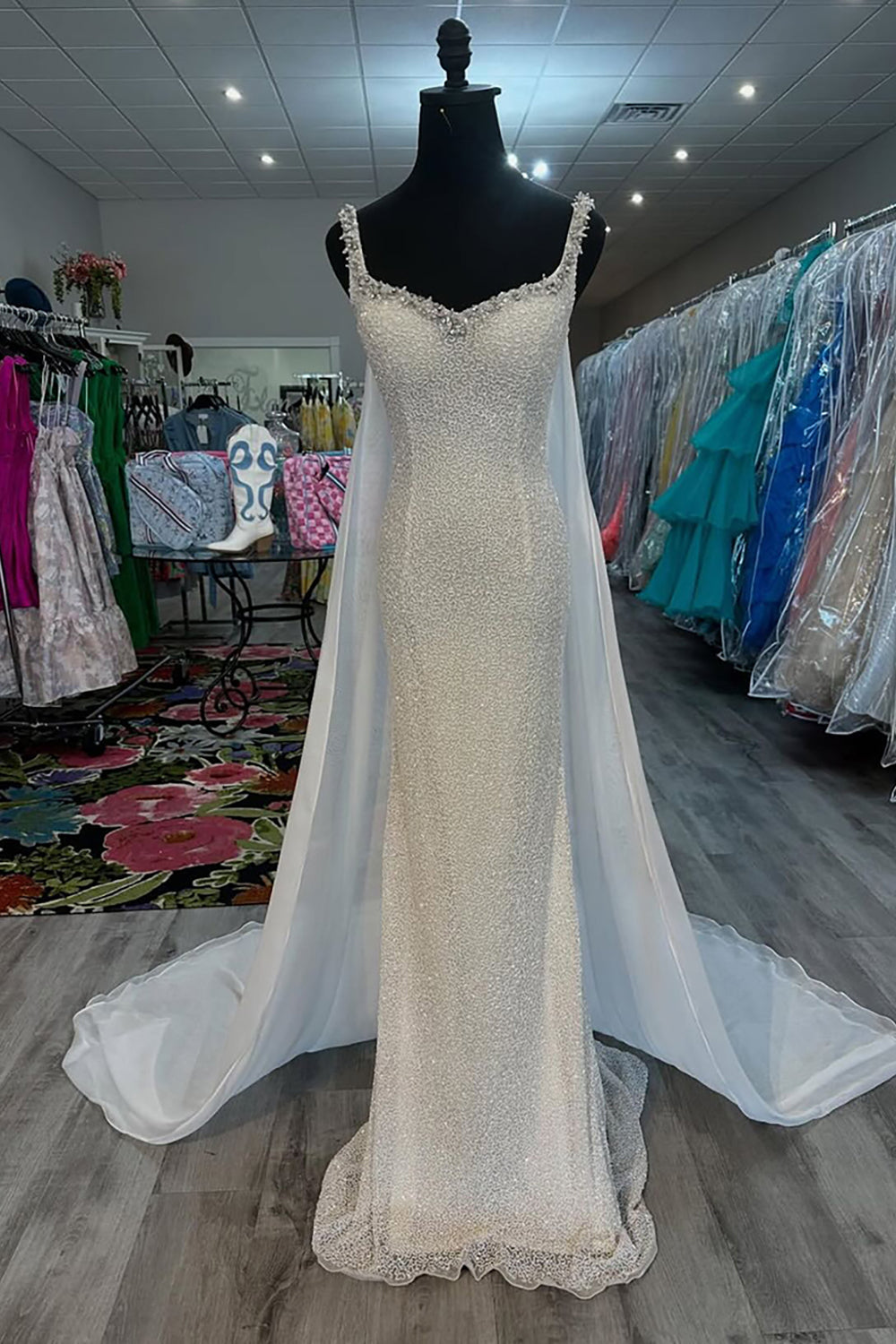 Sparkly White Beaded Mermaid Long Prom Dress with Cape
