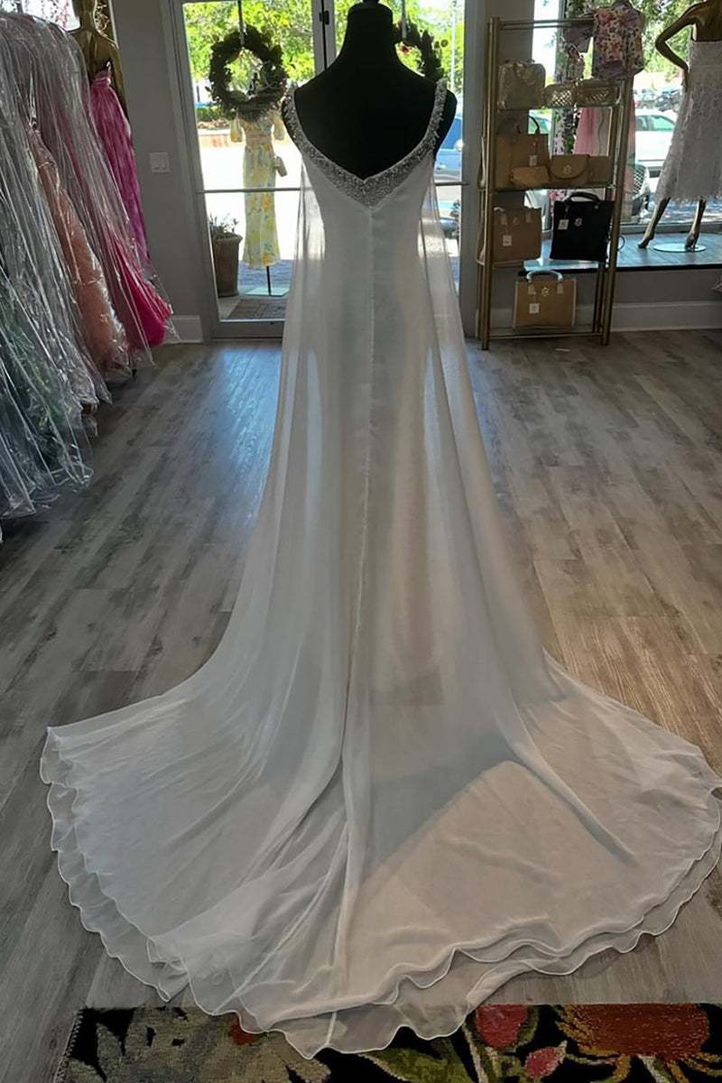 Load image into Gallery viewer, Sparkly White Beaded Mermaid Long Prom Dress with Cape