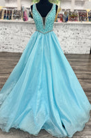 Load image into Gallery viewer, Sparkly Light Blue Beaded V Neck Long Prom Dress