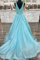 Load image into Gallery viewer, Sparkly Light Blue Beaded V Neck Long Prom Dress