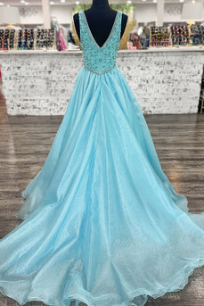 Sparkly Light Blue Beaded V Neck Long Prom Dress