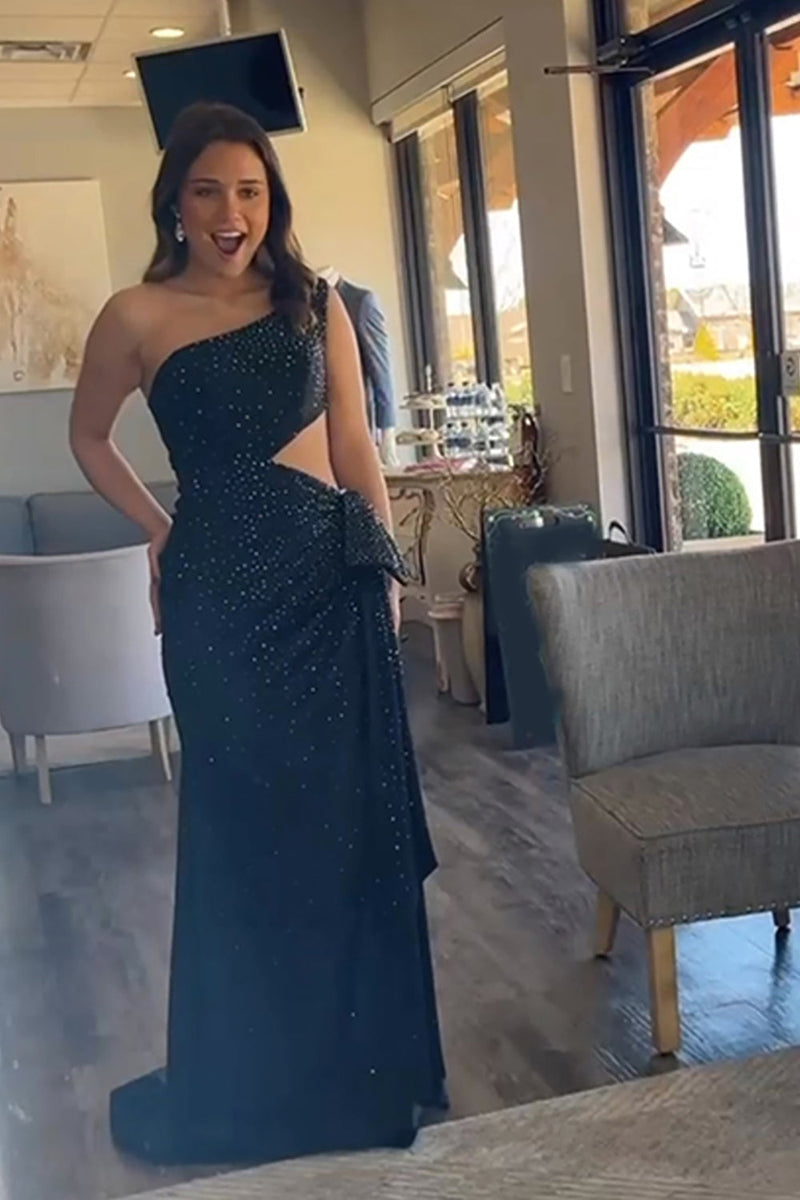 Load image into Gallery viewer, Sparkly Black Cut Out One Shoulder Mermaid Long Prom Dress