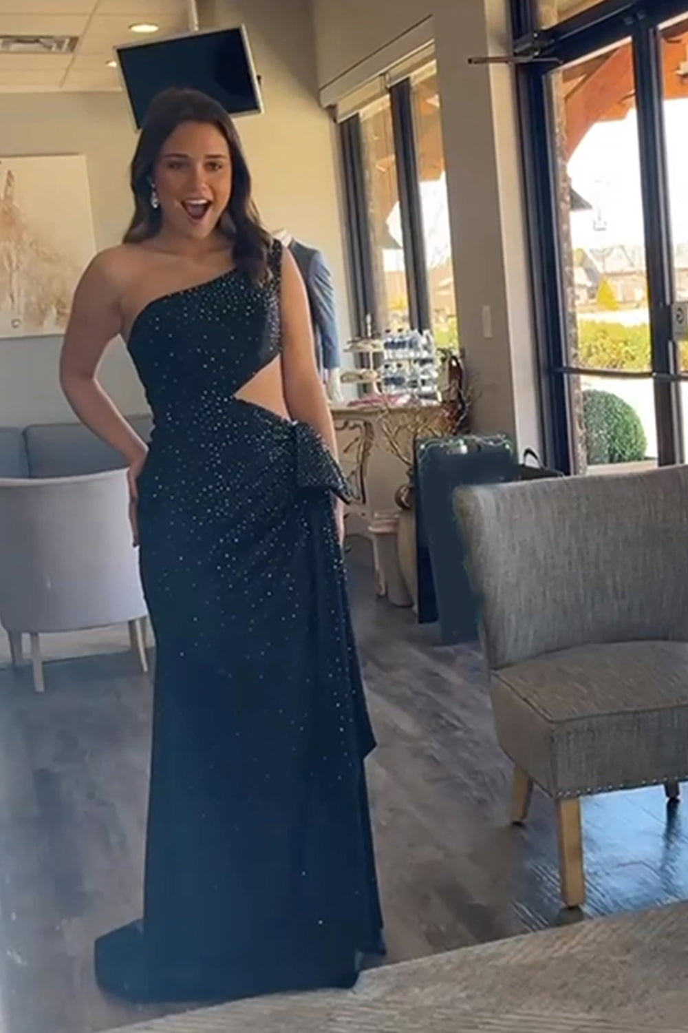 Sparkly Black Cut Out One Shoulder Mermaid Long Prom Dress