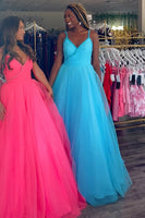 Load image into Gallery viewer, Sparkly Blue Beaded Spaghetti Straps A Line Long Prom Dress