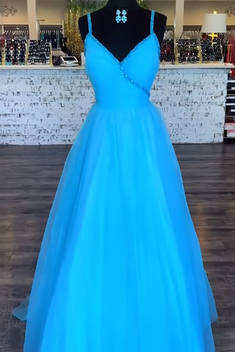 Sparkly Blue Beaded Spaghetti Straps A Line Long Prom Dress