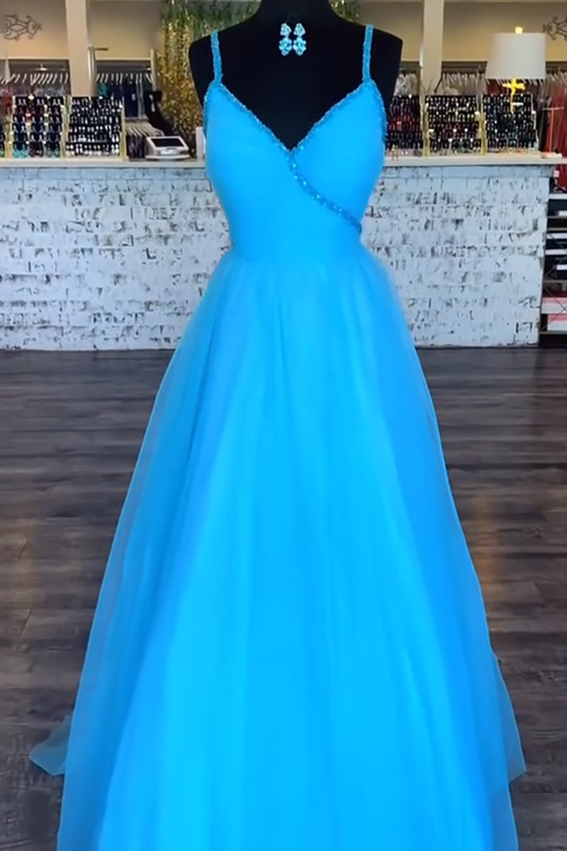 Load image into Gallery viewer, Sparkly Blue Beaded Spaghetti Straps A Line Long Prom Dress